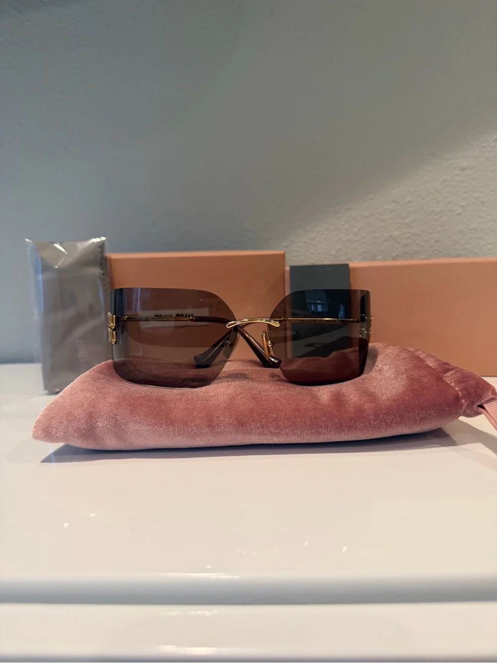 Miu Miu Rimless Shield Sunglasses Miu Miu MU Aube Gold Light Purple Brown